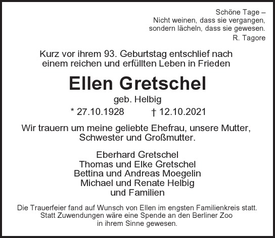 Traueranzeige von Ellen  Gretschel  von Berliner Morgenpost
