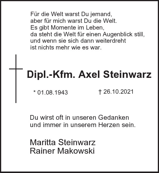 Traueranzeige von Axel  Steinwarz  von Berliner Morgenpost