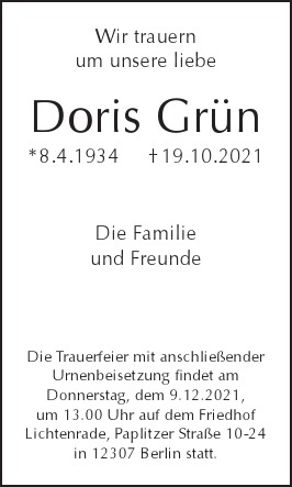 Traueranzeige von Doris  Grün  von Berliner Morgenpost