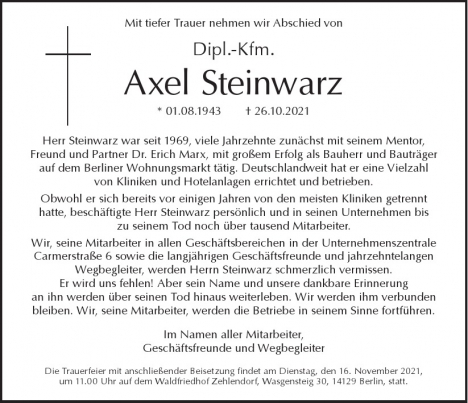 Traueranzeige von Axel Steinwarz  von Berliner Morgenpost