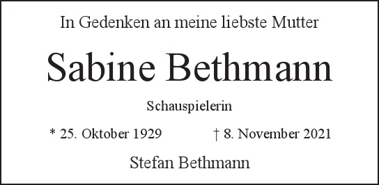  Traueranzeige für Sabine Bethmann vom 14.11.2021 aus Berliner Morgenpost