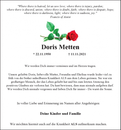 Traueranzeige von Doris Metten  von Berliner Morgenpost