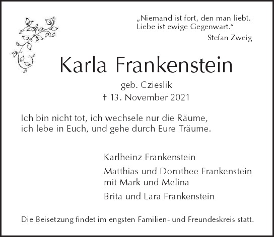 Traueranzeige von Karla  Frankenstein  von Berliner Morgenpost
