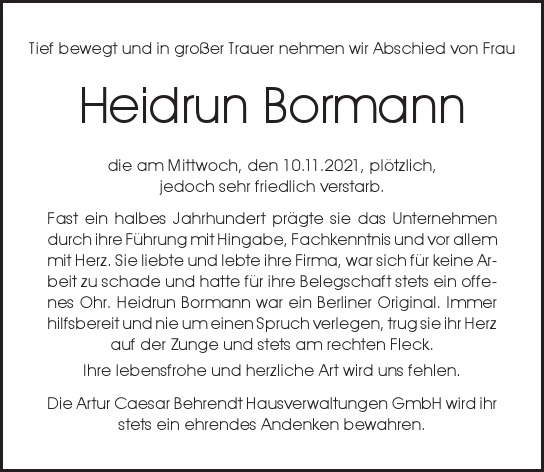 Traueranzeige von Heidrun  Bormann  von Berliner Morgenpost
