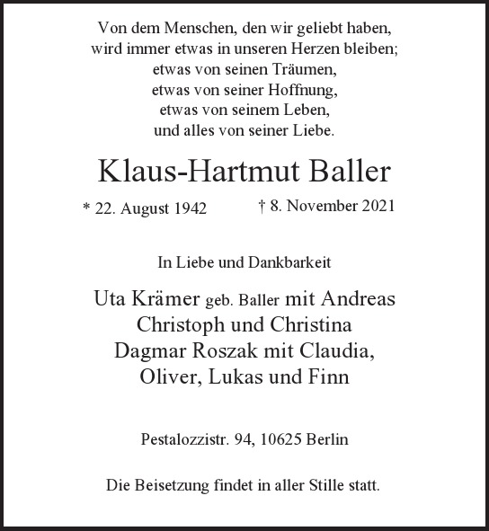 Traueranzeige von Klaus-Hartmut Baller  von Berliner Morgenpost