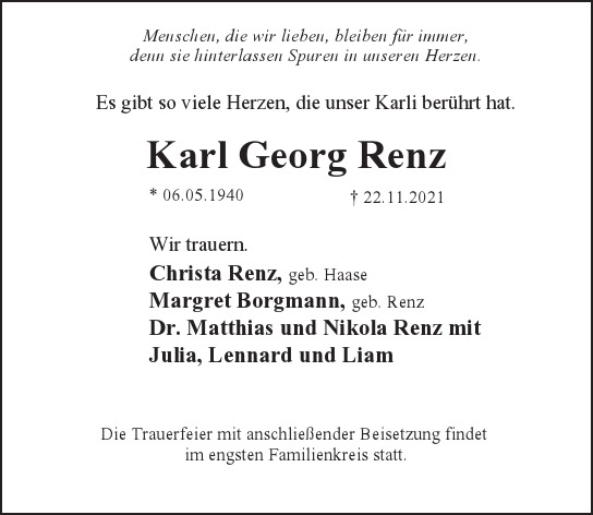 Traueranzeige von Karl Georg Renz  von Berliner Morgenpost