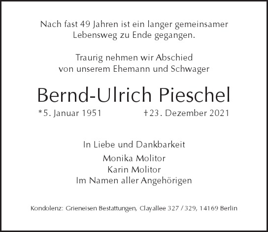 Traueranzeige von Bernd-Ulrich Pieschel  von Berliner Morgenpost