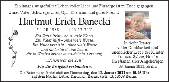 Traueranzeige von Hartmut Erich Banecki  von Berliner Morgenpost
