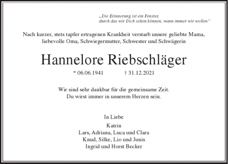Traueranzeige von Hannelore Riebschläger  von Berliner Morgenpost