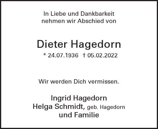 Traueranzeigen von Dieter Hagedorn | TRAUERinBERLIN.de