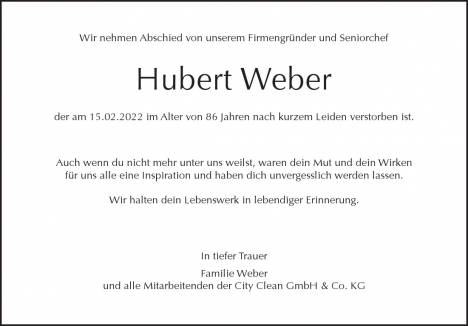 Traueranzeige von Hubert Weber von Berliner Morgenpost