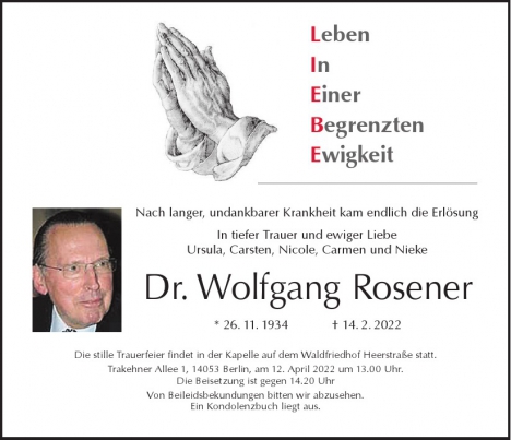 Traueranzeige von Wolfgang Rosener  von Berliner Morgenpost