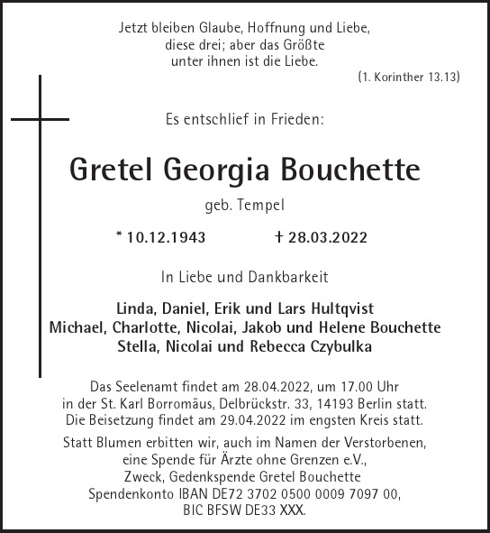  Traueranzeige für Gretel Georgia Bouchette  vom 03.04.2022 aus Berliner Morgenpost