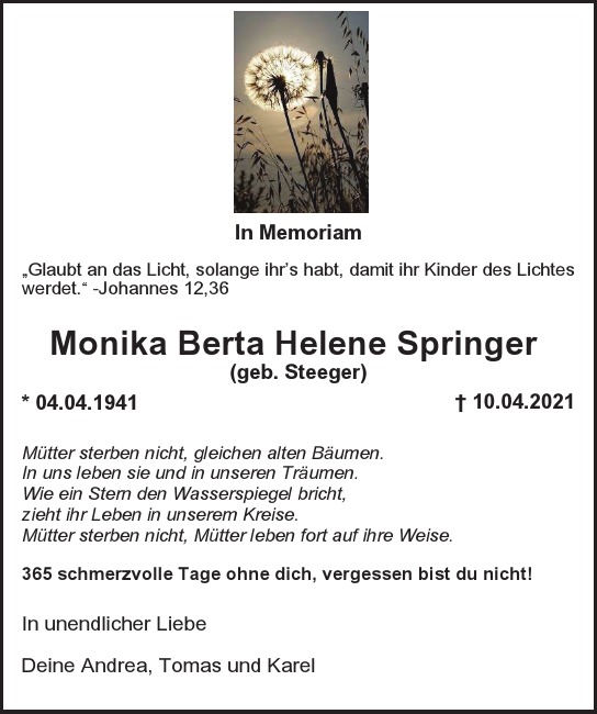 Traueranzeige von Monika Berta Helene Springer  von Berliner Morgenpost