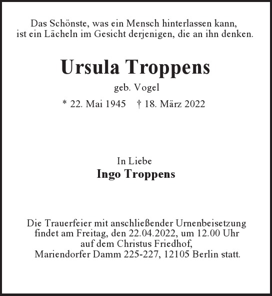 Traueranzeige von Ursula Troppens  von Berliner Morgenpost