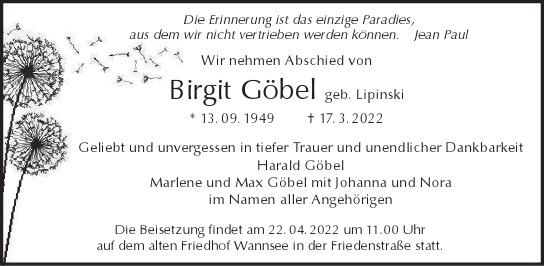 Traueranzeige von Birgit  Göbel  von Berliner Morgenpost