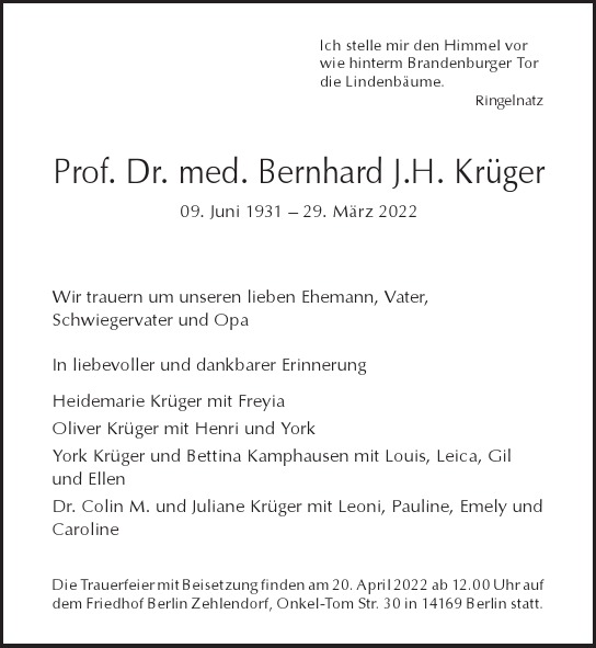 Traueranzeige von Bernhard J. H. Krüger von Berliner Morgenpost