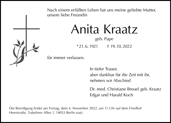 Traueranzeige von Anita Kraatz von Berliner Morgenpost