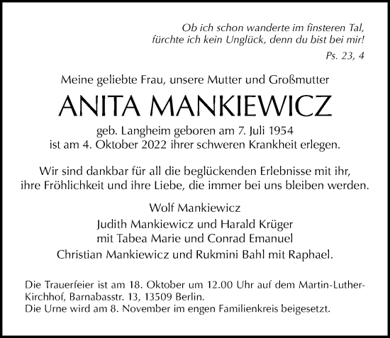Traueranzeige von Anita Mankiewicz von Berliner Morgenpost