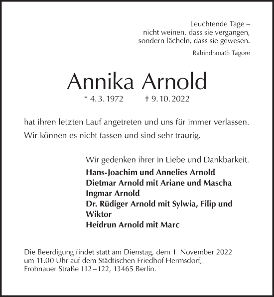 Traueranzeige von Annika Arnold von Berliner Morgenpost