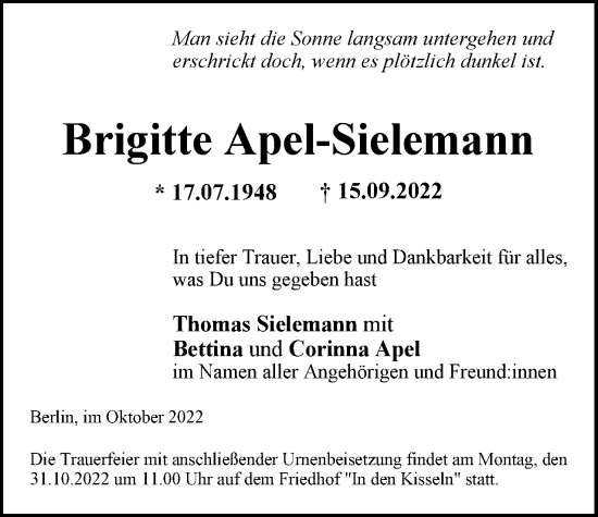 Traueranzeige von Brigitte Apel-Sielemann von Berliner Woche / Spandauer Volksblatt