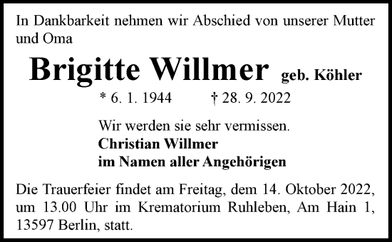 Traueranzeige von Brigitte Willmer von Berliner Woche / Spandauer Volksblatt