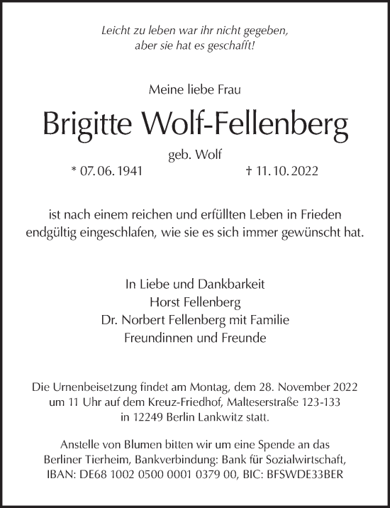 Traueranzeige von Brigitte Wolf-Fellenberg von Berliner Morgenpost