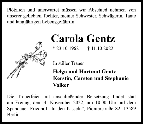 Traueranzeige von Carola Gentz von Berliner Woche / Spandauer Volksblatt