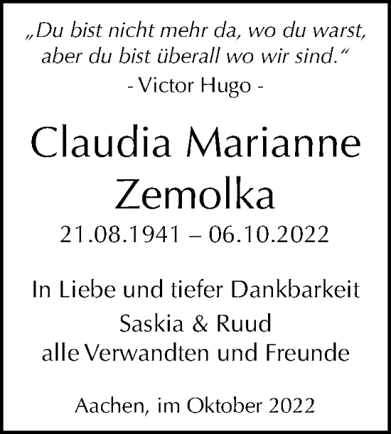 Traueranzeige von Claudia Marianne Zemolka von Berliner Morgenpost