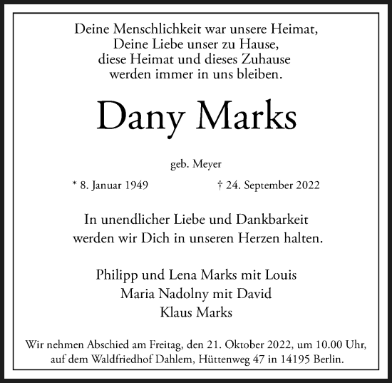 Traueranzeige von Dany Marks von Berliner Morgenpost