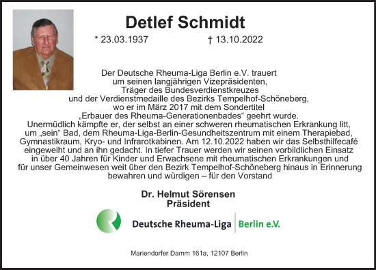 Traueranzeige von Detlef Schmidt von Berliner Morgenpost