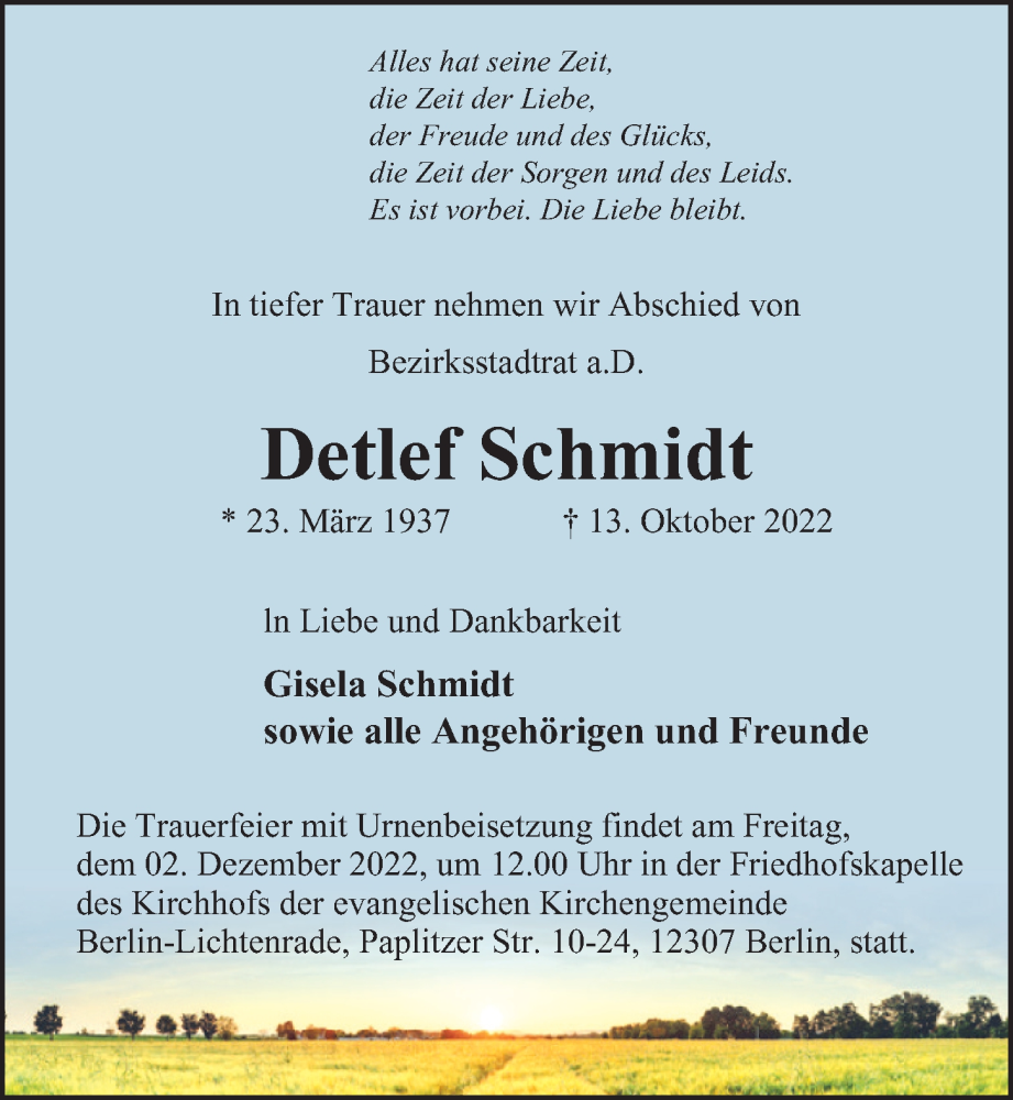  Traueranzeige für Detlef Schmidt vom 30.10.2022 aus Berliner Morgenpost