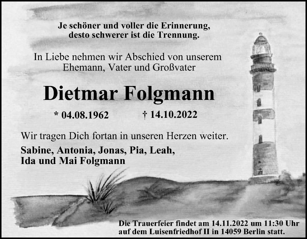  Traueranzeige für Dietmar Folgmann vom 30.10.2022 aus Berliner Morgenpost