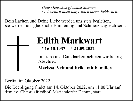 Traueranzeige von Edith Markwart von Berliner Morgenpost