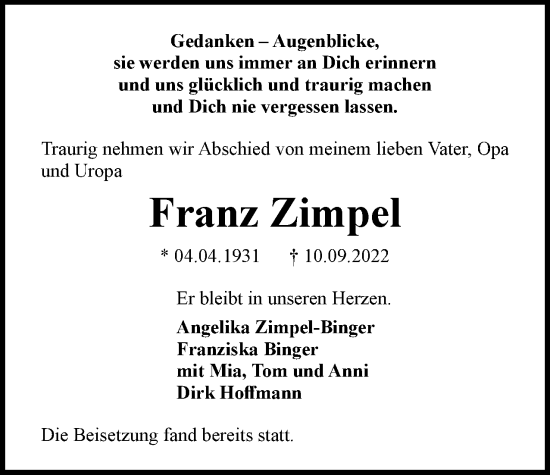 Traueranzeige von Franz Zimpel von Berliner Woche / Spandauer Volksblatt