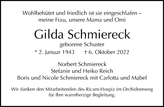 Traueranzeige von Gilda Schmiereck von Berliner Morgenpost
