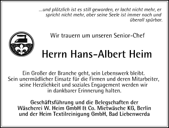 Traueranzeige von Hans-Albert Heim von Berliner Morgenpost