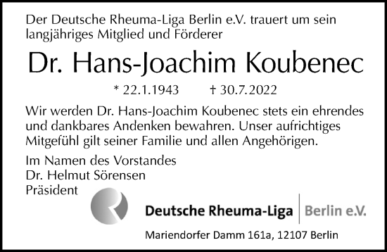 Traueranzeige von Hans-Joachim Koubenec von Berliner Morgenpost