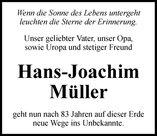 Traueranzeige von Hans-Joachim Müller von Berliner Woche / Spandauer Volksblatt