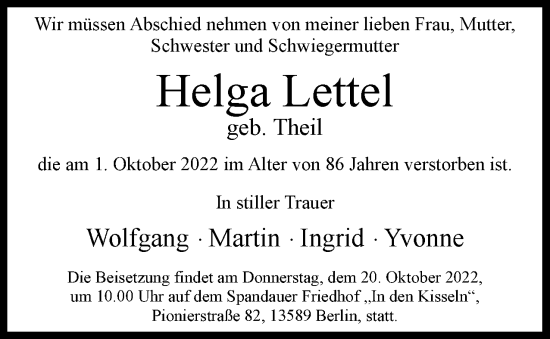 Traueranzeige von Helga Lettel von Berliner Woche / Spandauer Volksblatt
