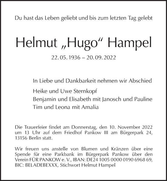 Traueranzeige von Helmut  Hampel von Berliner Morgenpost
