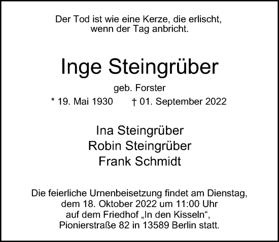Traueranzeige von Inge Steingrüber von Berliner Morgenpost