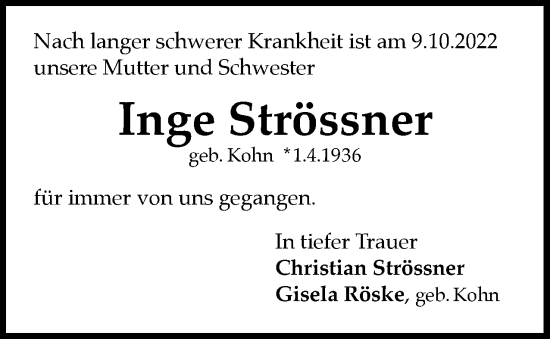 Traueranzeige von Inge Strössner von Berliner Woche / Spandauer Volksblatt