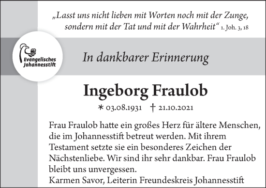 Traueranzeige von Ingeborg Fraulob von Berliner Morgenpost