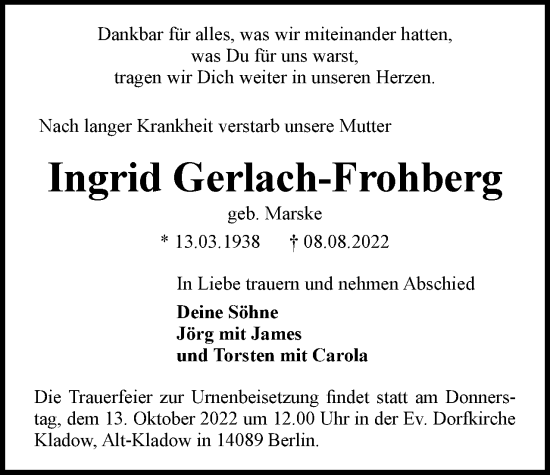 Traueranzeige von Ingrid Gerlach-Frohberg von Berliner Woche / Spandauer Volksblatt
