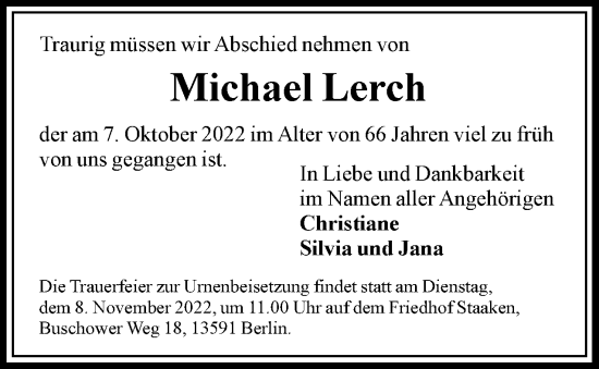 Traueranzeige von Michael Lerch von Berliner Woche / Spandauer Volksblatt