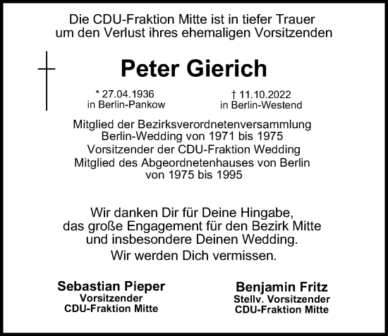 Traueranzeige von Peter Gierich von Berliner Morgenpost