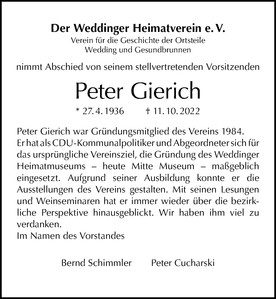  Traueranzeige für Peter Gierich vom 23.10.2022 aus Berliner Morgenpost