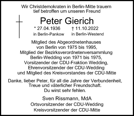 Traueranzeige von Peter Gierich von Berliner Morgenpost