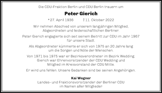 Traueranzeige von Peter Gierich von Berliner Morgenpost